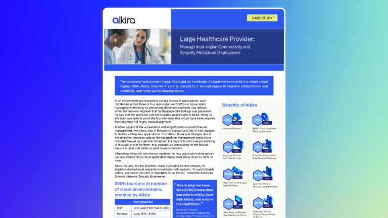 Feature image illustrating a Healthcare Multicloud Networking Case with inter-region cloud connectivity managed through Alkira.