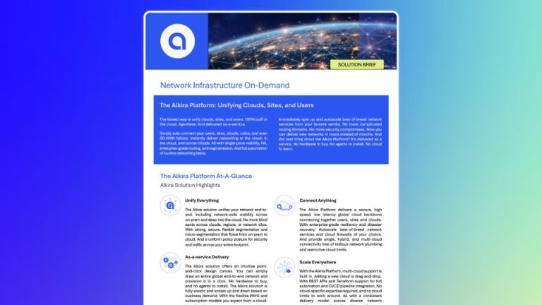Alkira Platform Overview graphic showing cloud-native networking with multicloud connectivity, security, visibility, and rapid deployment.