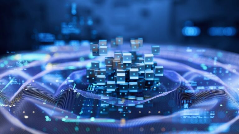 an abstract image of cubes moving out of a data lake