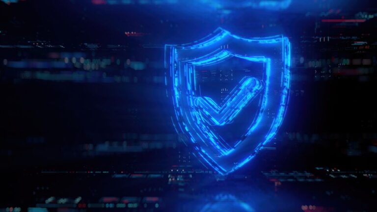 Blue network shield checkmark illustration